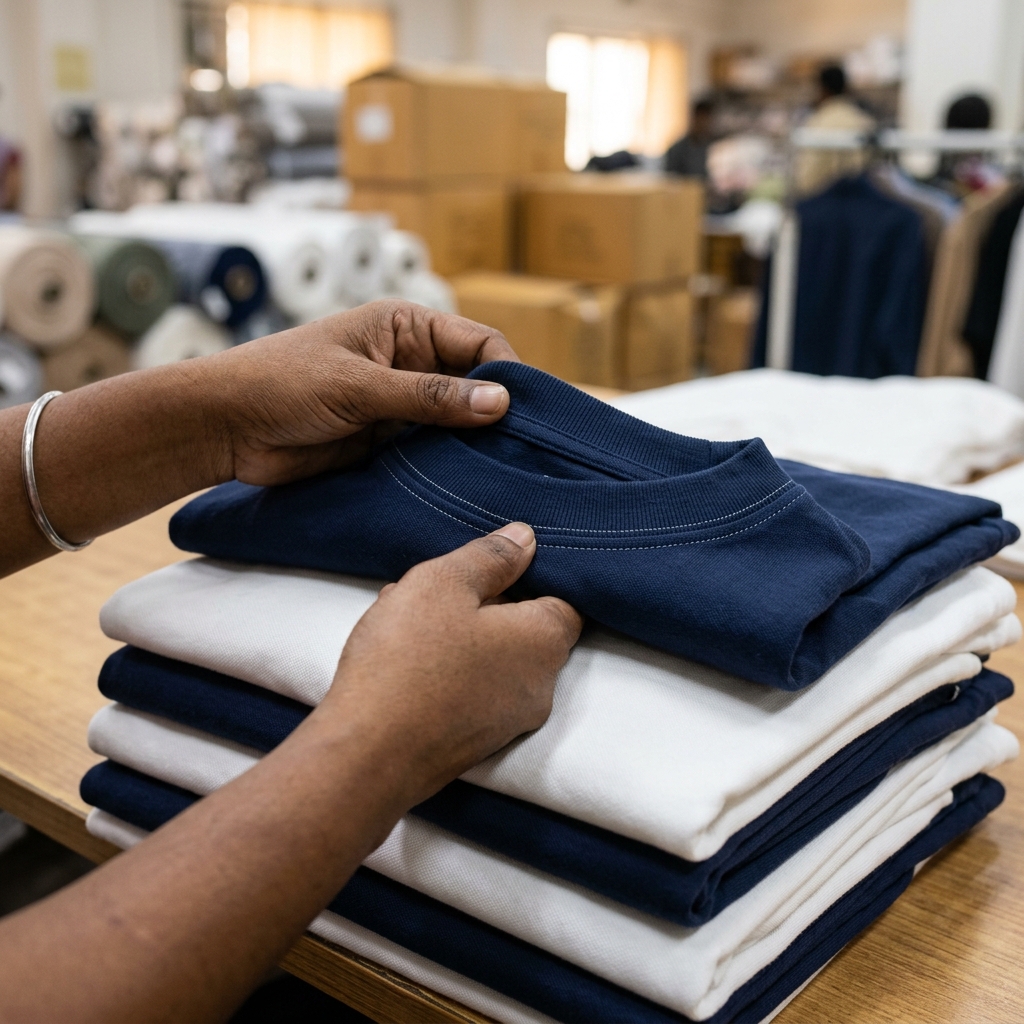 Quality inspection of 180 GSM cotton t-shirt fabric at Mamta Fashion wholesale warehouse Chennai